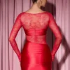 Rochie mini mulată cu mâneci lungi și inserții din dantelă Eliette, roșie