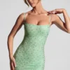 Rochie mini mulată cu ornamente Aellin în culoarea fistic