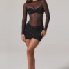 Rochie mini Noel cu guler înalt, mâneci lungi și decorațiuni transparente, în culoarea negru