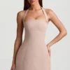 Rochie mini Odessa cu dungi fine, gât halter și croi în A, culoare ciupercă