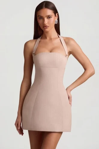 Rochie mini Odessa cu dungi fine, gât halter și croi în A, culoare ciupercă Rochie mini Odessa cu dungi fine, gât halter și croi în A, culoare ciupercă