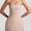Rochie mini Odessa cu dungi fine, gât halter și croi în A, culoare ciupercă