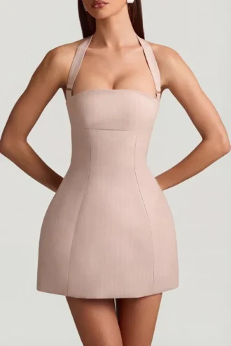 Rochie mini Odessa cu dungi fine, gât halter și croi în A, culoare ciupercă Rochie mini Odessa cu dungi fine, gât halter și croi în A, culoare ciupercă