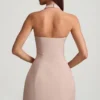 Rochie mini Odessa cu dungi fine, gât halter și croi în A, culoare ciupercă