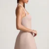 Rochie mini Odessa cu dungi fine, gât halter și croi în A, culoare ciupercă