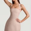 Rochie mini Odessa cu dungi fine, gât halter și croi în A, culoare ciupercă