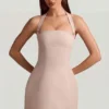 Rochie mini Odessa cu dungi fine, gât halter și croi în A, culoare ciupercă