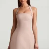 Rochie mini Odessa cu dungi fine, gât halter și croi în A, culoare ciupercă