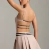 Rochie mini plisată cu spate decupat și curea Leilani în culoarea ciupercă