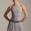 Rochie mini plisată cu spate decupat și curea Leilani, în culoarea gri