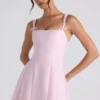 Rochie mini plisată în A cu detaliu fundă Cressida, în roz pal