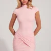 Rochie mini roz cu guler înalt din jersey Blair, cu spate decupat și drapaj