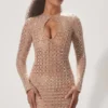 Rochie mini semi-transparentă cu decupaje și ornamente Ilana, culoare Almond Rochie mini semi-transparentă cu decupaje și ornamente Ilana, culoare Almond
