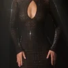 Rochie mini semi-transparentă cu decupaje și ornamente Ilana, negru