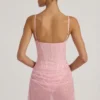 Rochie mini semi-transparentă, drapată, cu corset și ornamente, model Connie, în roz Rochie mini semi-transparentă, drapată, cu corset și ornamente, model Connie, în roz