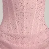 Rochie mini semi-transparentă, drapată, cu corset și ornamente, model Connie, în roz Rochie mini semi-transparentă, drapată, cu corset și ornamente, model Connie, în roz