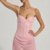 Rochie mini semi-transparentă, drapată, cu corset și ornamente, model Connie, în roz Rochie mini semi-transparentă, drapată, cu corset și ornamente, model Connie, în roz