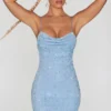 Rochie mini Seychelles cu guler cowl și ornamente, în albastru