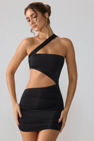 Rochie mini Shyla din jersey elastic cu decupaje și drapaje, în negru Rochie mini Shyla din jersey elastic cu decupaje și drapaje, în negru