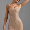 Rochie mini Sindre cu guler pătrat și ornamente, în culoarea migdală Rochie mini Sindre cu guler pătrat și ornamente, în culoarea migdală