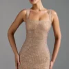 Rochie mini Sindre cu guler pătrat și ornamente, în culoarea migdală Rochie mini Sindre cu guler pătrat și ornamente, în culoarea migdală