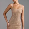 Rochie mini Sindre cu guler pătrat și ornamente, în culoarea migdală Rochie mini Sindre cu guler pătrat și ornamente, în culoarea migdală
