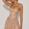 Rochie mini skater cu bretele și decorațiuni Atiyah, culoare migdală Rochie mini skater cu bretele și decorațiuni Atiyah, culoare migdală
