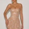 Rochie mini skater cu bretele și decorațiuni Atiyah, culoare migdală Rochie mini skater cu bretele și decorațiuni Atiyah, culoare migdală