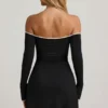 Rochie mini Stasia din modal, cu umeri decupați și croi în A, de culoare neagră Rochie mini Stasia din modal, cu umeri decupați și croi în A, de culoare neagră