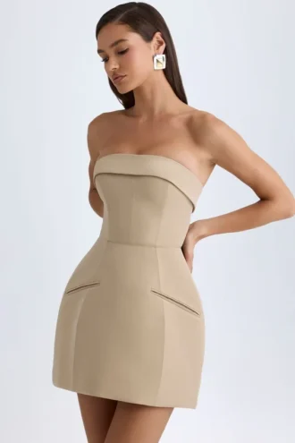 Rochie mini structurată cu guler pliat Taia, culoare camel Rochie mini structurată cu guler pliat Taia, culoare camel