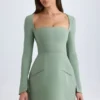 Rochie mini structurată cu guler pătrat Taesha, în nuanța verde kaki