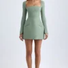 Rochie mini structurată cu guler pătrat Taesha, în nuanța verde kaki