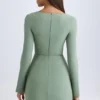 Rochie mini structurată cu guler pătrat Taesha, în nuanța verde kaki