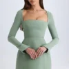 Rochie mini structurată cu guler pătrat Taesha, în nuanța verde kaki