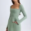 Rochie mini structurată cu guler pătrat Taesha, în nuanța verde kaki