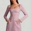 Rochie mini structurată în A cu dungi fine Ksenia, în culoarea mov Rochie mini structurată în A cu dungi fine Ksenia, în culoarea mov