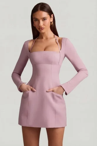 rochie mini structurat n a cu dungi fine ksenia n culoarea mov 1 330x495 - Rochie mini structurată &icirc;n A cu dungi fine Ksenia, &icirc;n culoarea mov