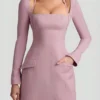 Rochie mini structurată în A cu dungi fine Ksenia, în culoarea mov Rochie mini structurată în A cu dungi fine Ksenia, în culoarea mov