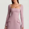 Rochie mini structurată în A cu dungi fine Ksenia, în culoarea mov Rochie mini structurată în A cu dungi fine Ksenia, în culoarea mov