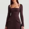 Rochie mini structurată în A cu dungi Ksenia, maro ciocolatiu