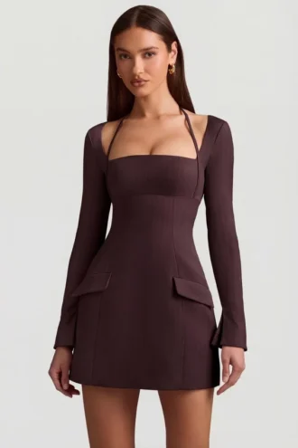 Rochie mini structurată în A cu dungi Ksenia, maro ciocolatiu Rochie mini structurată în A cu dungi Ksenia, maro ciocolatiu