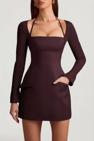 Rochie mini structurată în A cu dungi Ksenia, maro ciocolatiu Rochie mini structurată în A cu dungi Ksenia, maro ciocolatiu