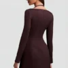 Rochie mini structurată în A cu dungi Ksenia, maro ciocolatiu