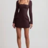 Rochie mini structurată în A cu dungi Ksenia, maro ciocolatiu