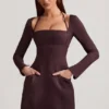 Rochie mini structurată în A cu dungi Ksenia, maro ciocolatiu