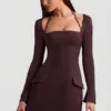Rochie mini structurată în A cu dungi Ksenia, maro ciocolatiu