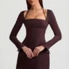 Rochie mini structurată în A cu dungi Ksenia, maro ciocolatiu