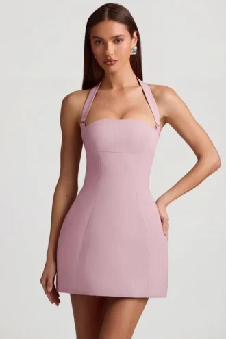Rochie mini structurată în A, cu gât halter și dungi fine, model Odessa, în nuanța Mauve Rochie mini structurată în A, cu gât halter și dungi fine, model Odessa, în nuanța Mauve