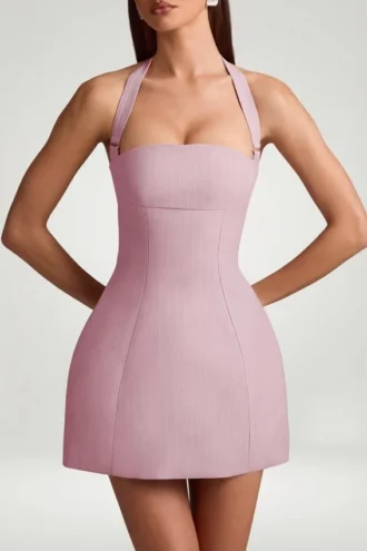 Rochie mini structurată în A, cu gât halter și dungi fine, model Odessa, în nuanța Mauve Rochie mini structurată în A, cu gât halter și dungi fine, model Odessa, în nuanța Mauve