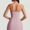 Rochie mini structurată în A, cu gât halter și dungi fine, model Odessa, în nuanța Mauve Rochie mini structurată în A, cu gât halter și dungi fine, model Odessa, în nuanța Mauve